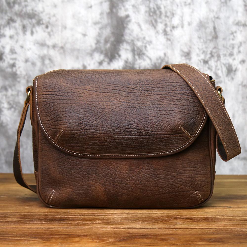 NZPJ Men's Retro Genuine Leather Shoulder Bag Casual Top Layer Cowhide Large Capacity Slant Horizontal Trendy Messenger Bag