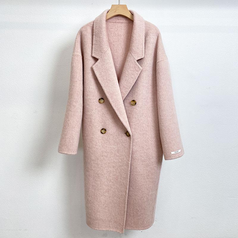 Q576 Пальто женское двустороннее из верблюжьей шерсти альпака ручной работы, длинношерстное пальто из шерсти на двубортной застежке с лацканами пиджачного типа