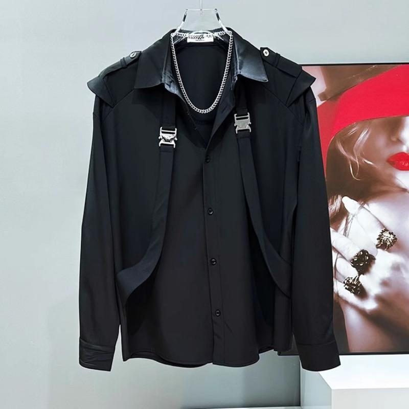 Мужская рубашка с длинным рукавом на пуговицах, повседневный топ в уличном стиле, дизайн с цепочкой и ремнями
