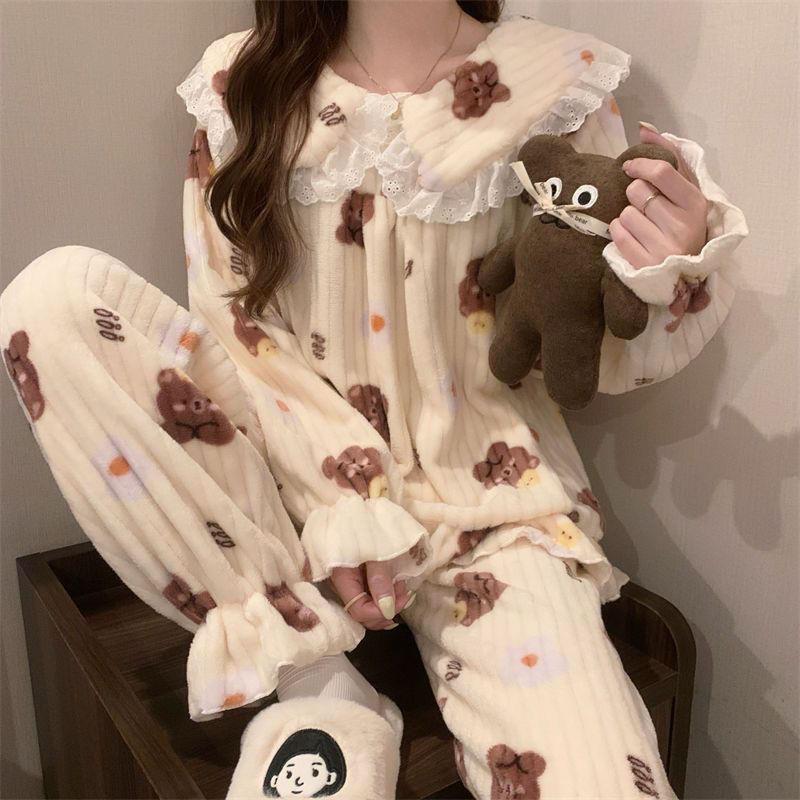 Женская пижама с принтом медведя, корейская милая принцесса, зимняя теплая свободная повседневная домашняя одежда, комплект из двух предметов с кукольным воротником и длинными рукавами