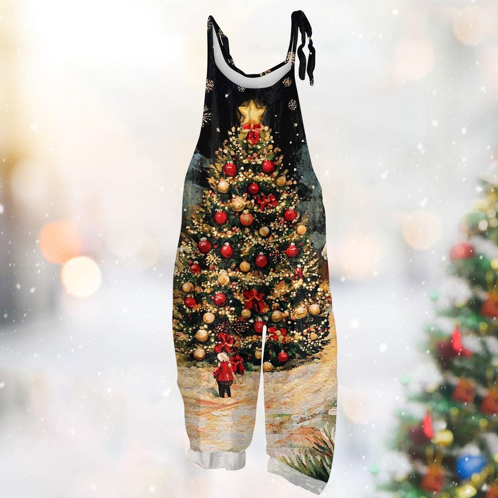 Женский комбинезон с рождественским принтом, повседневный свободный винтажный комбинезон из хлопка и льна