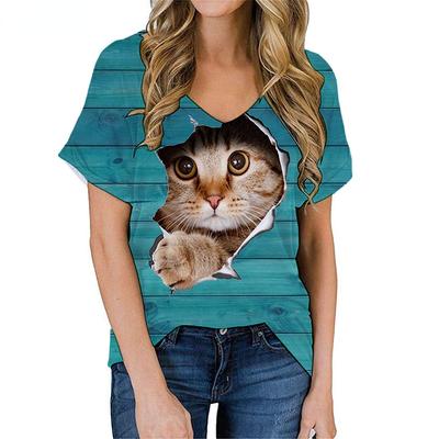Модные весенние блузки с принтом котят, футболки с коротким рукавом и V-образным вырезом, повседневные