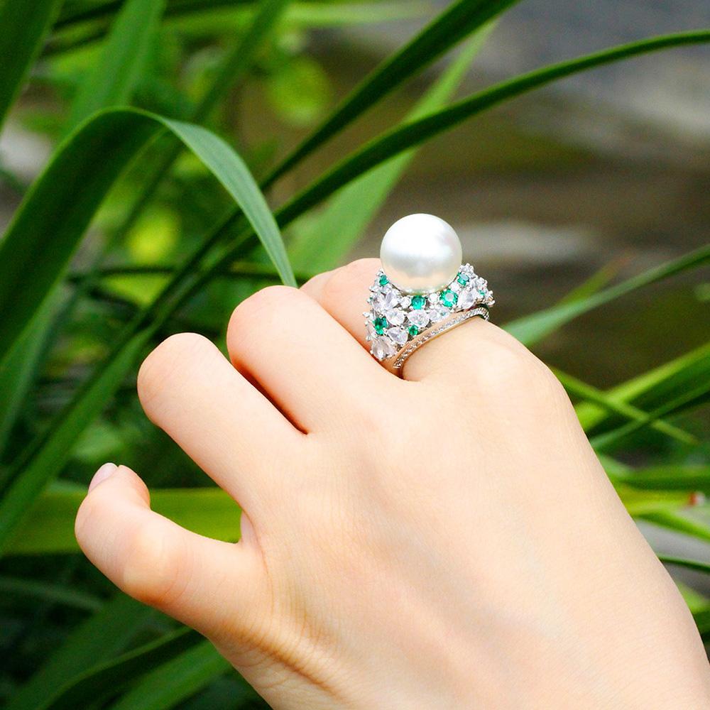 Ювелирные изделия CMM Регулируемый зеленый кубический цирконий большой искусственный жемчуг обручальные кольца для женщин CZ ювелирные изделия для свадебной вечеринки