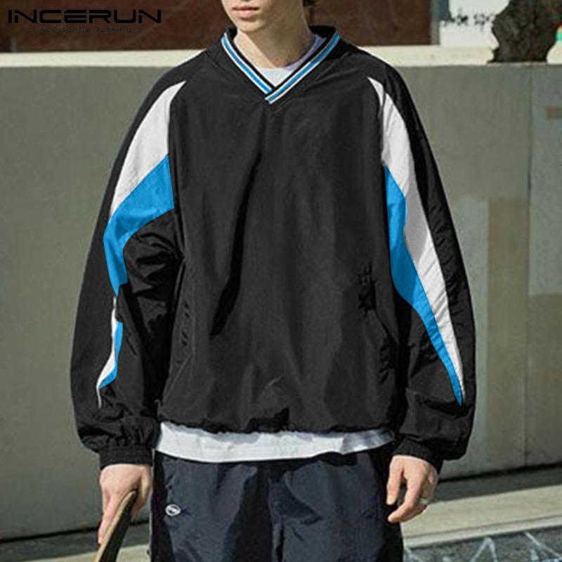 INCERUN Весенние мужские топы с V-образным вырезом и принтом, сшитые на заказ, с длинным рукавом, с завязками на подоле, футболки