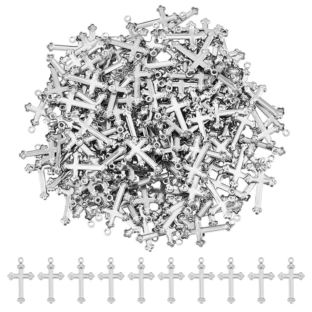 200Pcs 304 Stainless Steel Cross Pendants Stainless Steel Color 17.5x10x0.8mm Hole: 0.9mm
