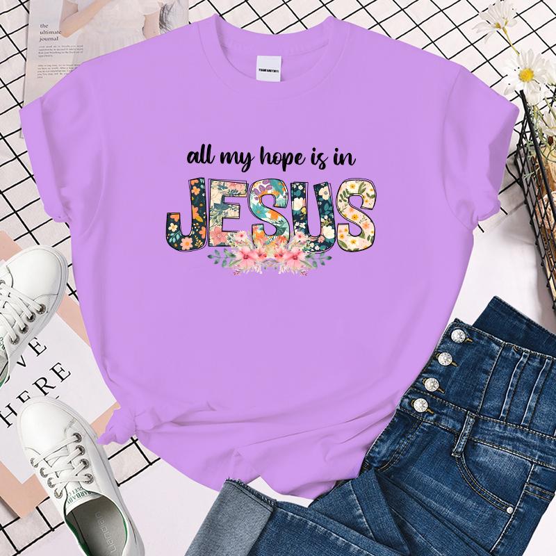(Premium T-shirt)Funny All My Hope Is In Jesus Letter Printing T-Shirts For Women Summer Tee Shirt Femme Casual Short Sleeve Top