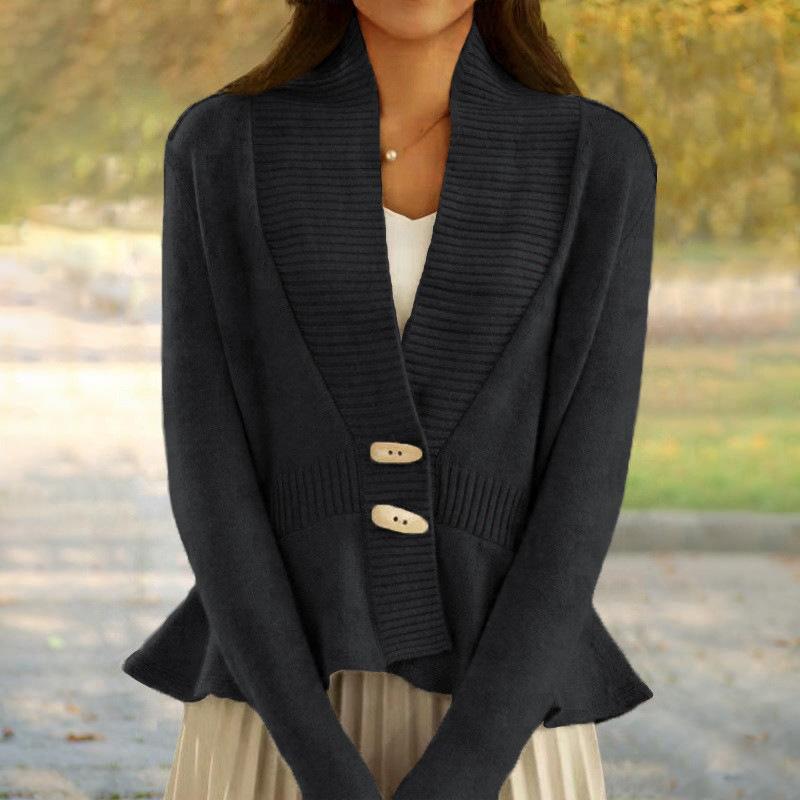 Осень и Зима Новый Однотонный Ретро Вязаный Кардиган Женский V-образный вырез Рюши по подолу Свитер Куртка