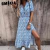 Лето Весна Женское Платье V-образный вырез Сексуальное Платье с Принтом Длинная Юбка