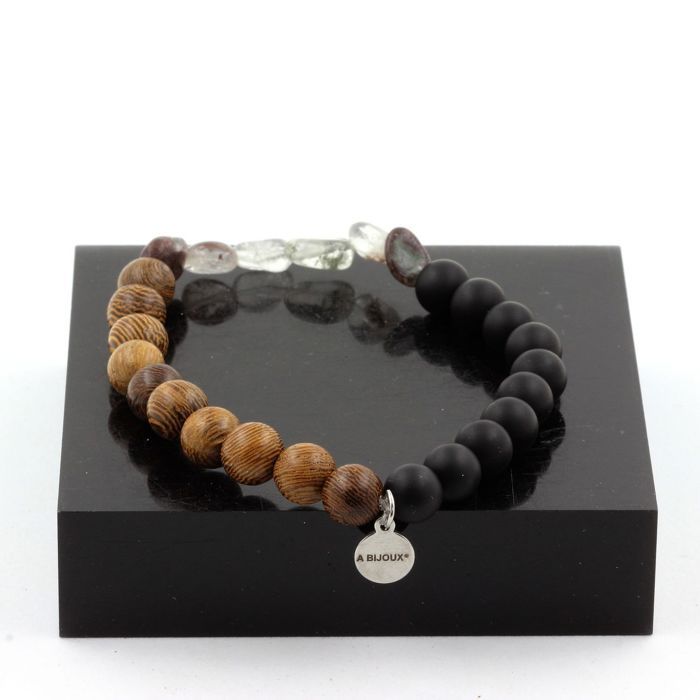 Bracelet - A Bijoux - Quartz fantôme vert - Onyx noir mat - Bois - 19-20 cm