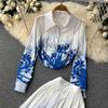 Elegant Temperament Polo Collar Blue Printed Long-Sleeved Shirt Women's High-End Pleated Skirt Fashion Two-Piece Suit