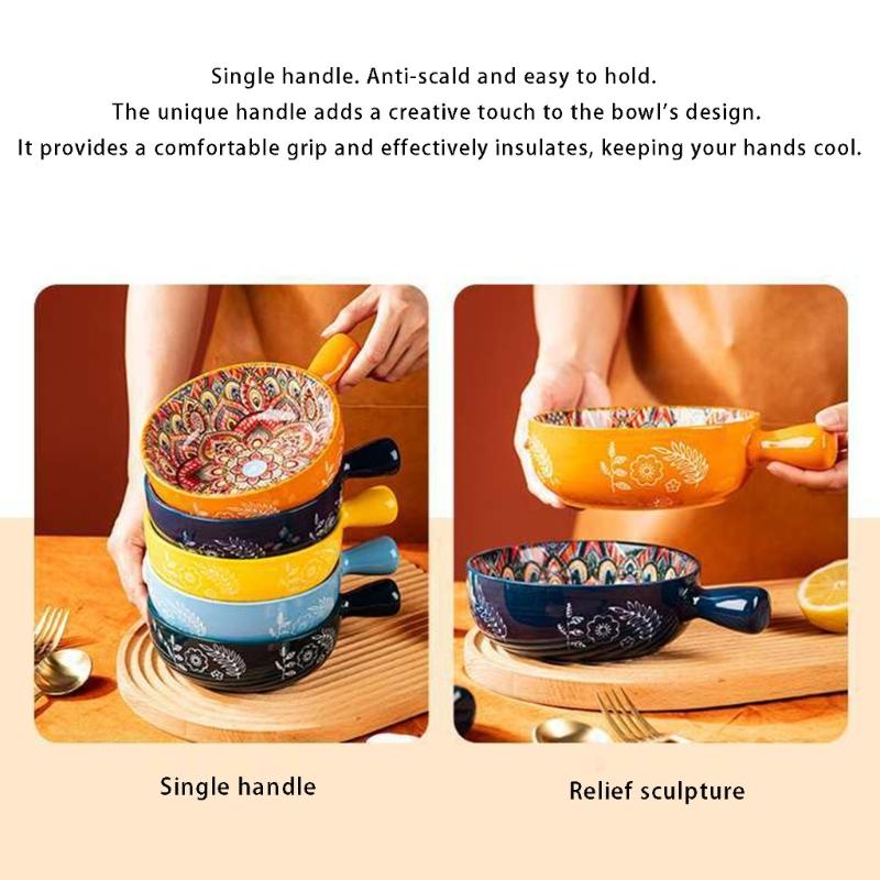 Bohemians Ceramic Handled Soup Bowl Serving Bowl Suitable for Oven and Microwave Safe Use Easy Cleaning Dishwasher Safe