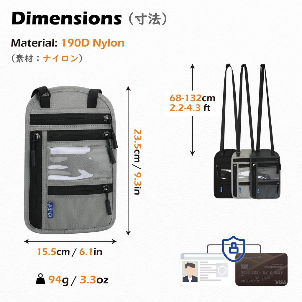 Passport Skimming Hanging Neck Security Card Travel [TRIWONDER] Case, Prevention, Type, Pouch, Case, Wallet, Anti-Magnetic (Black)
