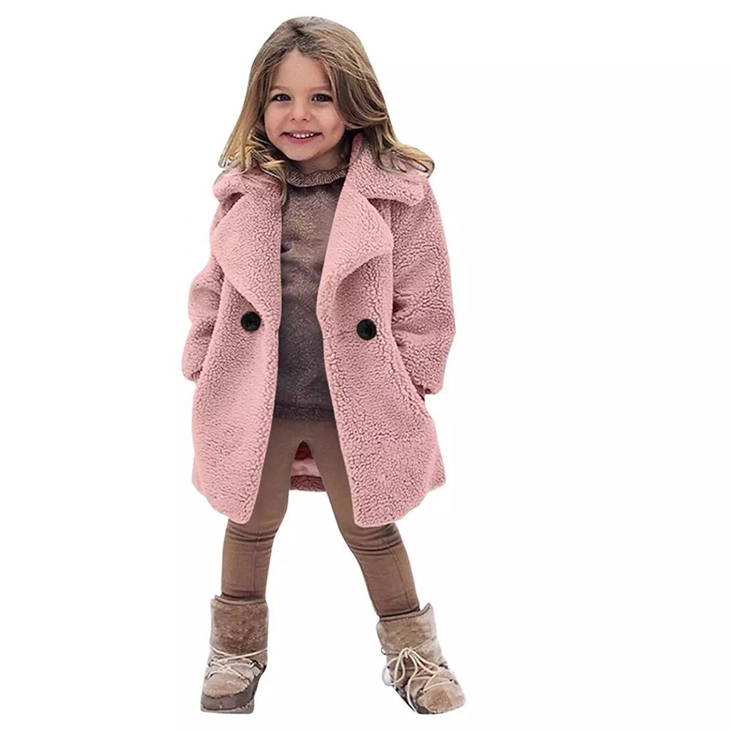 Girls Winter Warm Faux Fur Coats Kids Turndown Collar Outerwear Children Solid Colour Overcoat Casual Outer Clothing