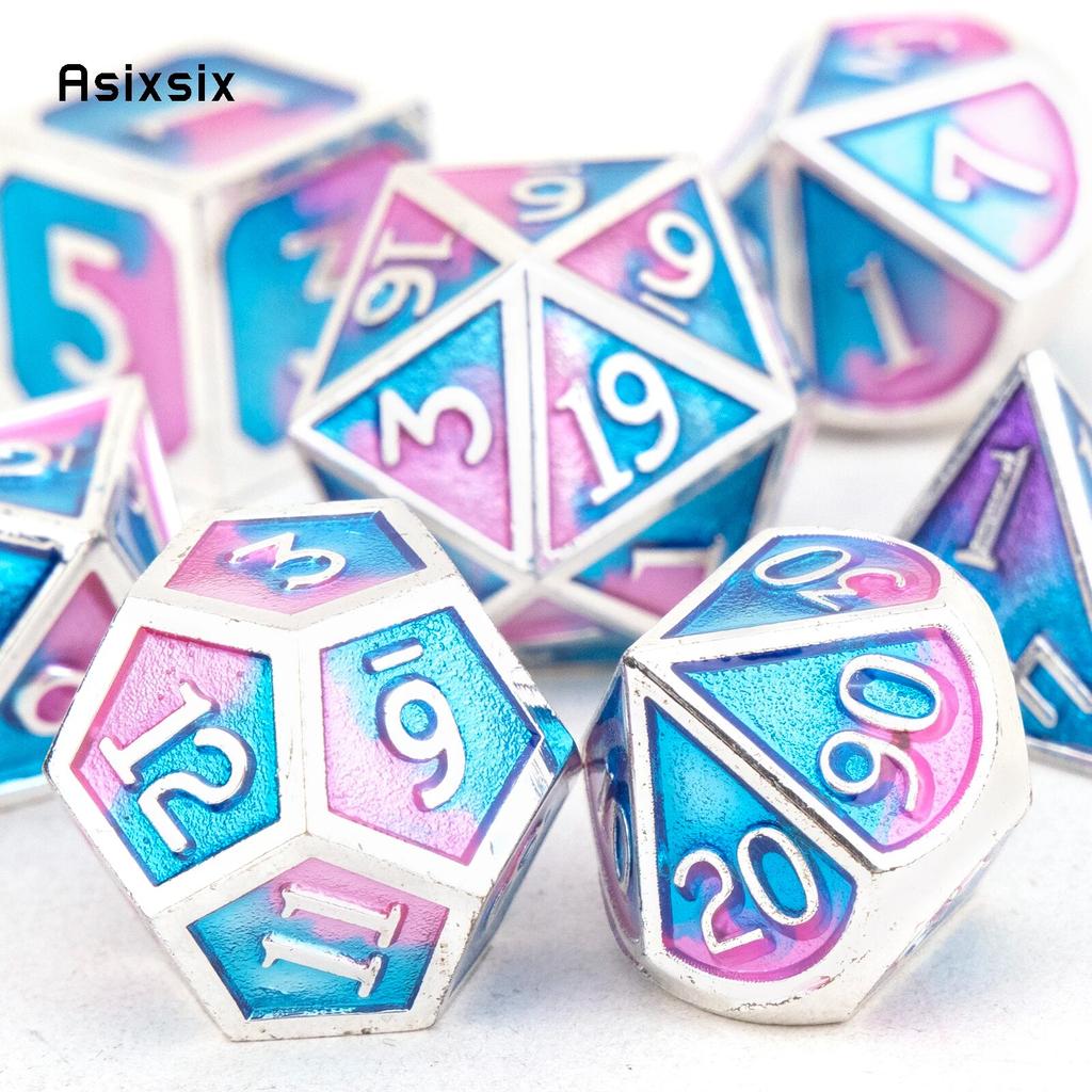 7 шт., синие, розовые, стандартные металлические кубики, набор твердых металлических многогранных кубиков, подходящий для ролевой ролевой игры, настольной игры, карточной игры