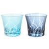 Retro Kiriko Pair of Glass Ranbori Komon Aqua Ink Kasho J-kitchens Cups, 94xH85mm, 240cc, (Small Pattern) & Blue, (Current Model)