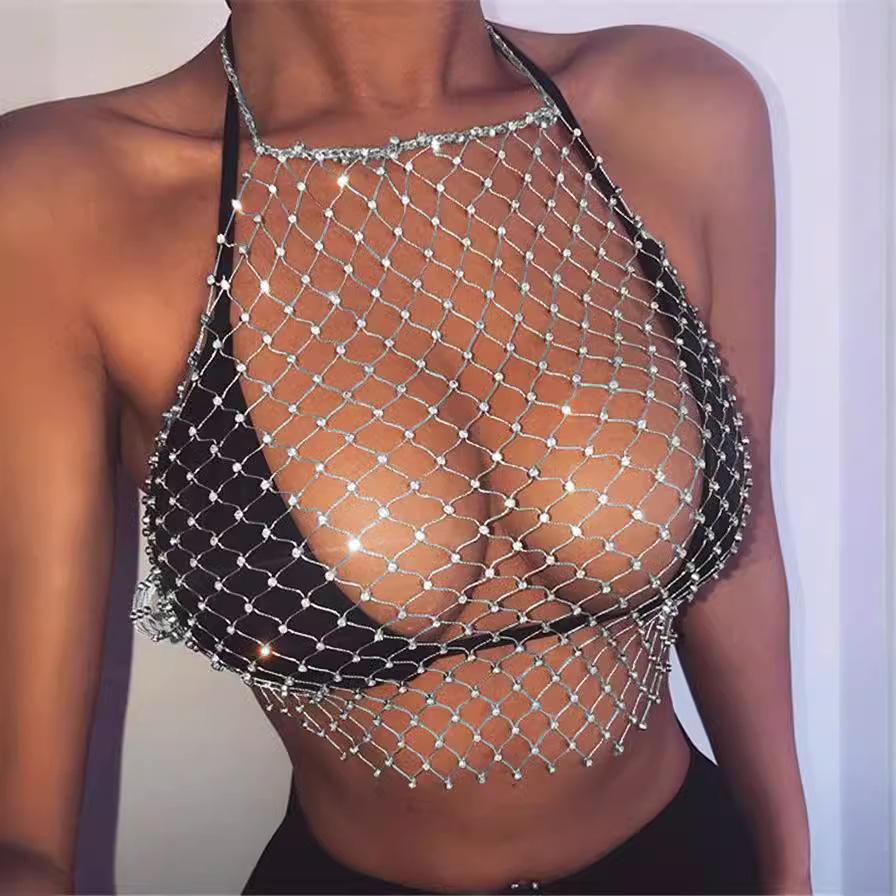 Сетка флэш алмазная блузка прыгающая прозрачная сексуальная грудь обертывание жилет для женщин