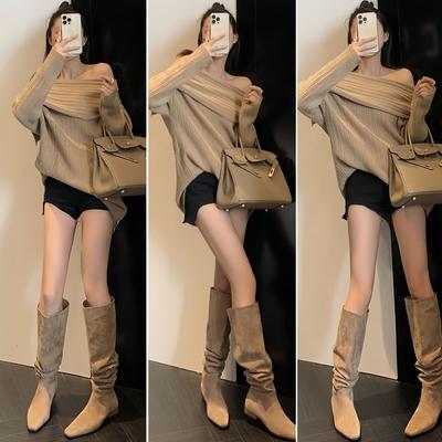 2024 новые летние коричневые сапоги, но до колена универсальные сапоги с плоским дном и острым носком, со складками и набивным рисунком