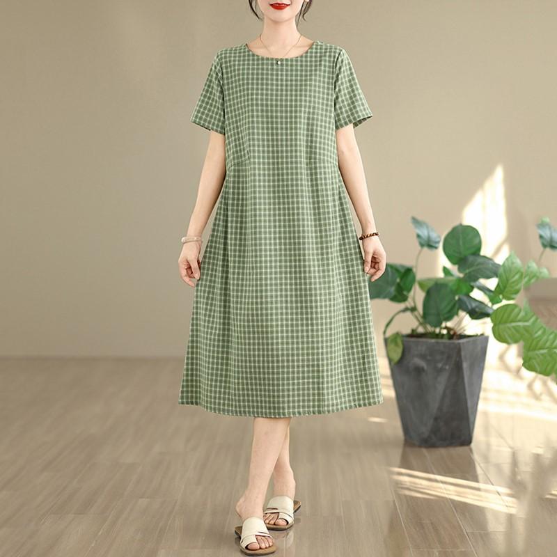 Короткий рукав Плюс размер хлопок лен винтажная клетка новые платья для женщин повседневное свободное длинное летнее платье