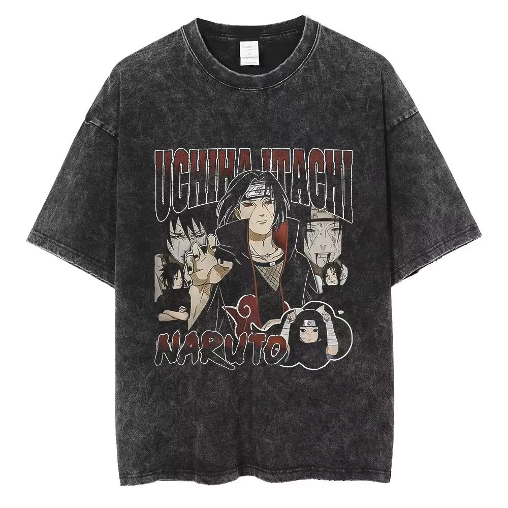 2026 Hip Hop Streetwear Japanese Anime Naruto Print T Shirt Vintage Black T-Shirt Harajuku Casual Tops Men Short Sleeve
