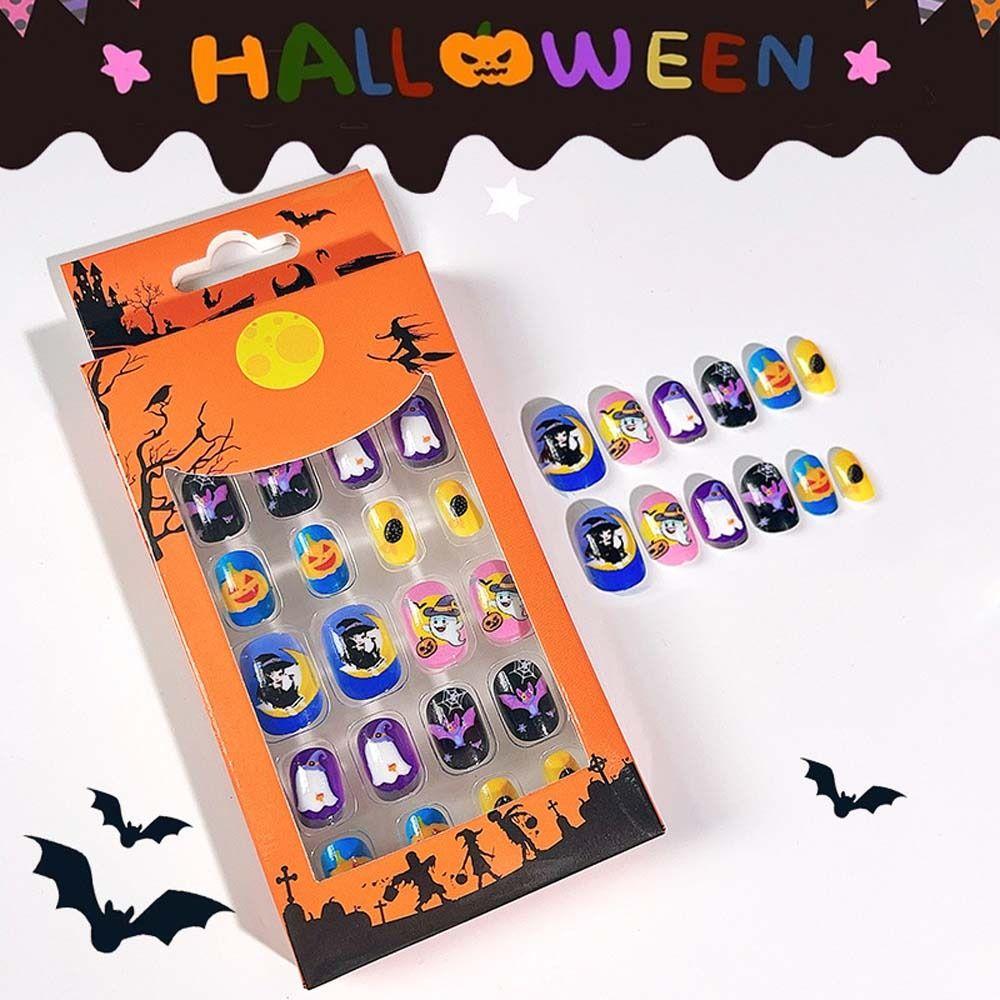 24Pcs/set Pumpkin Children Halloween False Nails Ghost Kids Fake Nail Extension  Girls