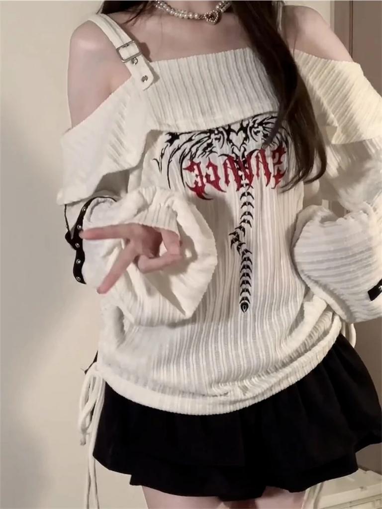 Women Print Pullover Knitted Sweater Harajuku Korean Y2k Long Sleeves Oversize Sweaters Jumper Vintage 2000s Clothes