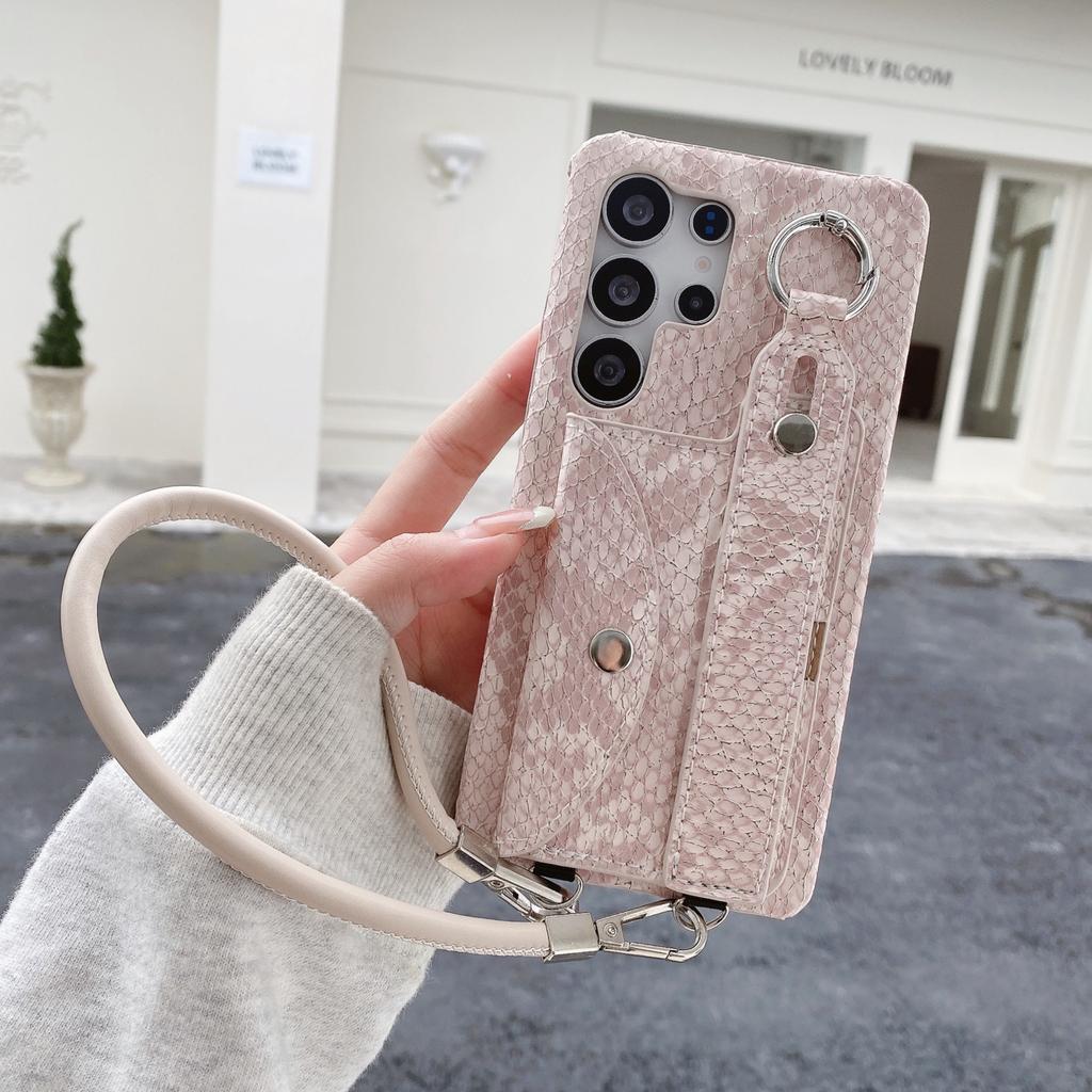 For Samsung Galaxy S24 Ultra Case Card Holder Wristband Lacquered Snake Texture PU + PC Back Cover with Lanyard