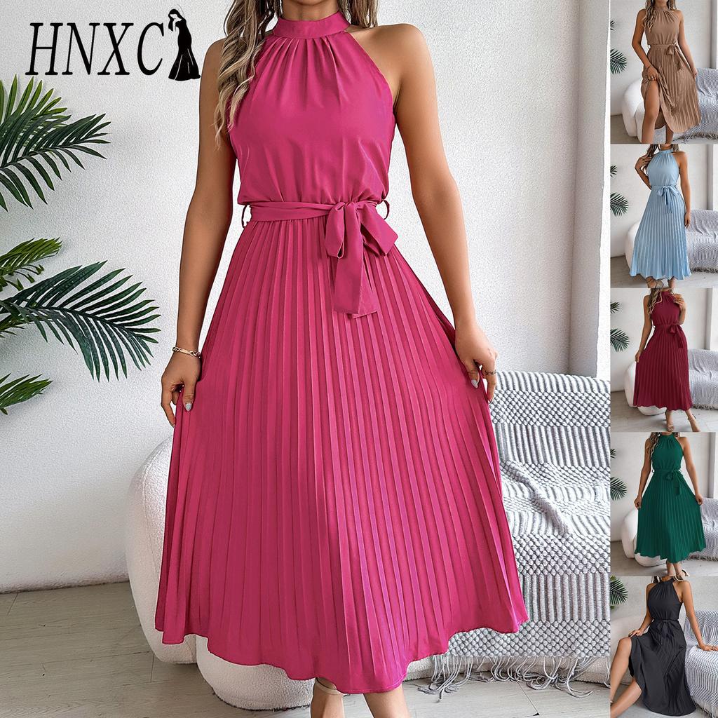 HNXC Весна Лето Элегантное Платье с Воротником-стойкой, Без Рукавов, Приталенное, Плиссированное, Длинное, Женская Одежда