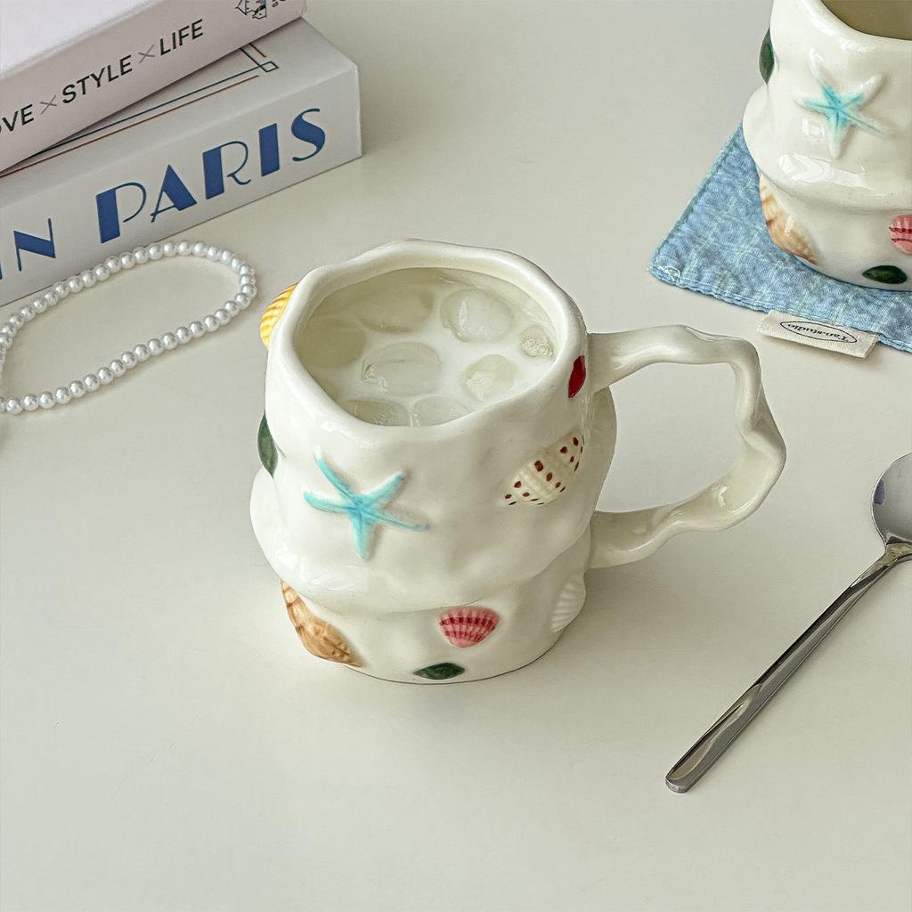 Cute Shell Conch Ceramic Cup Retro Ceramic Coffee Cup Dish Handmade Irregular Cup Dish with Handle Mug MilkKitchen Accessory