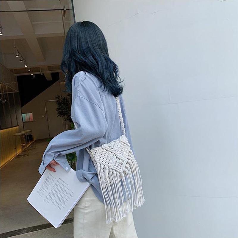 Yogodlns Bohemian Tassel Straw Bag Women Fashion Weave Handmade Crossbod Bag Summer Kintted Beach Handbag Vacation Lady Pouch