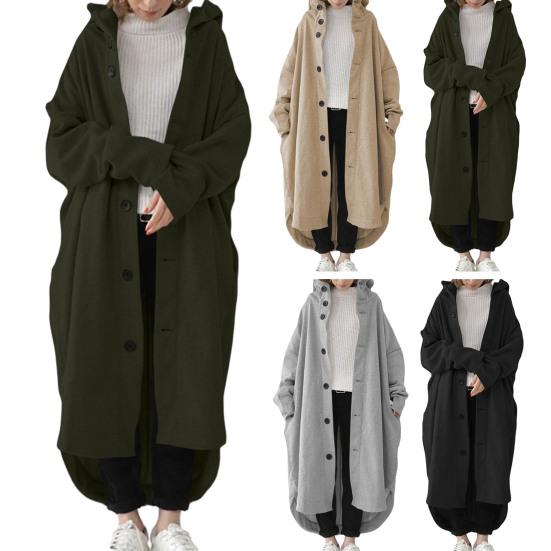 Женское зимнее пальто с капюшоном, однобортное, нерегулярный подол, с длинными рукавами, до щиколотки, с толстыми карманами, сплошной цвет, женский уличный плащ