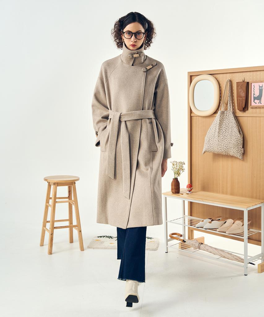 De Peri Mera Long Wool Coat With Fastening Point (Oatmeal)