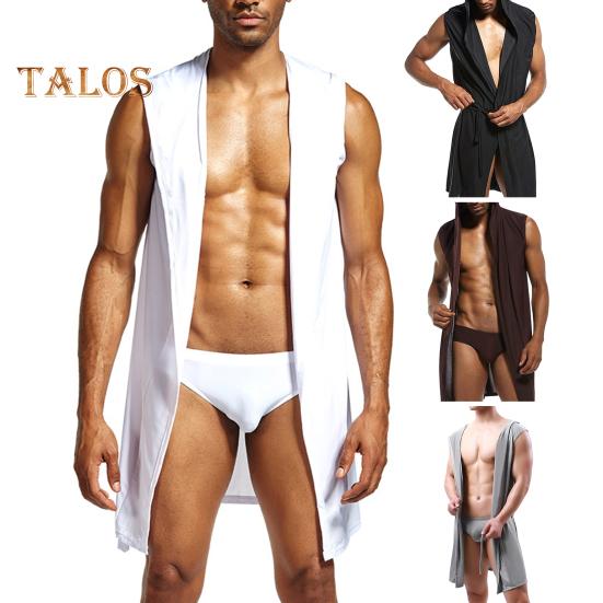 Мужской халат с поясом, капюшоном, без рукавов, однотонный халат из ледяного шелка, с открытой передней частью, мягкий домашний халат из ледяного шелка