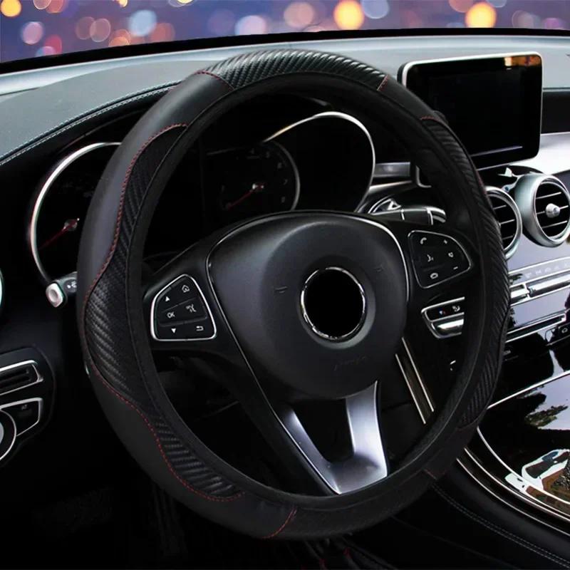 Кожаный чехол на руль автомобиля 37-38 см. Автомобильные аксессуары для салона. Спортивные чехлы на руль автомобиля. Противоскользящие. Универсальные.