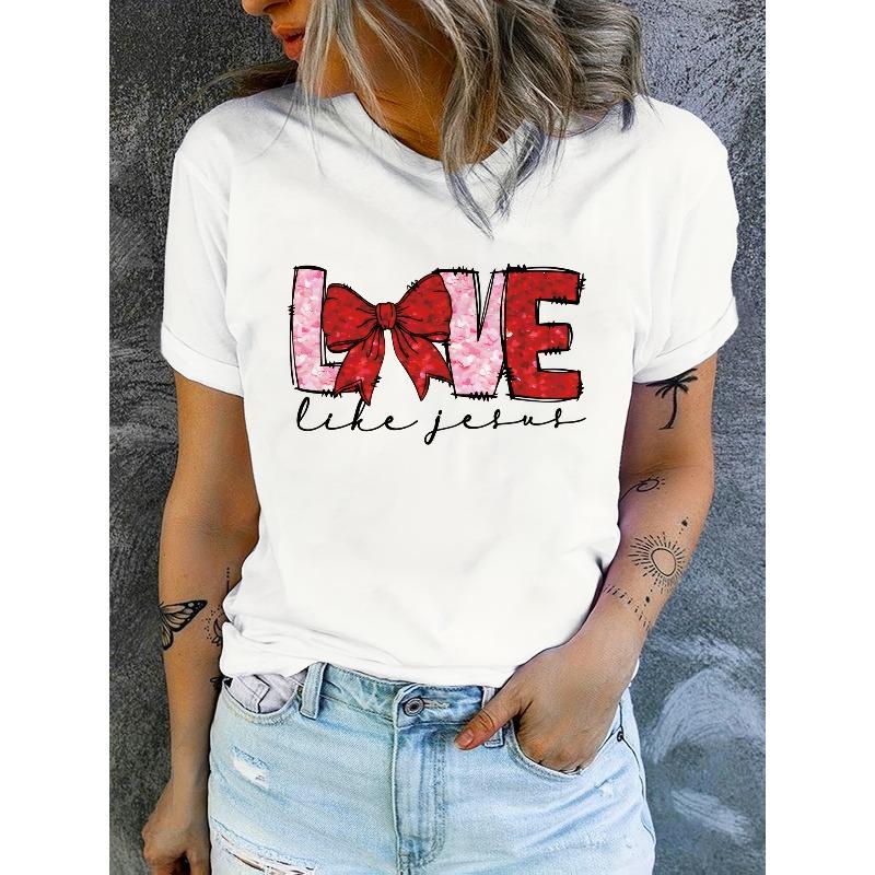 European Size Women's Romantic 'Love' Bow & Letter Print Semi-Sheer T-Shirt - Pink Round Neck Short Sleeve Blouse with XOXO & I LOVE YOU KNOT Design