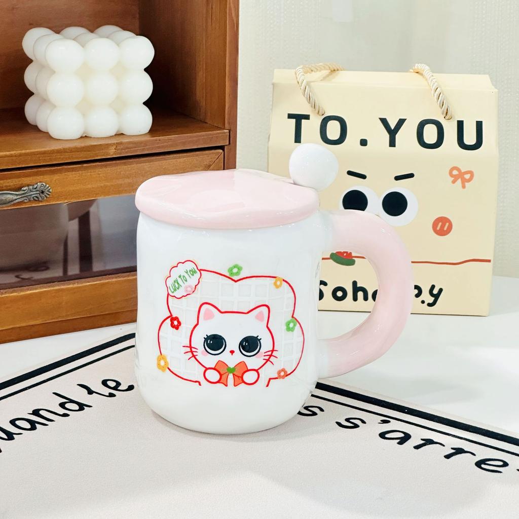 Cat Cup Household Set High Temperature Resistant Water Cup with Lid Spoon Cartoon Mug High Appearance Large Capacity Ceramic Cup