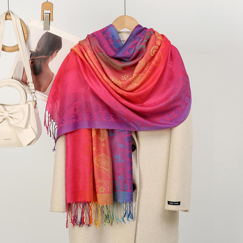 Boho Elegant Jacquard Pashmina Imitation Cashmere Scarf Winter Thick Warm Rainbow Color Shawl Wrap Coldproof Blanket Scarf Stole