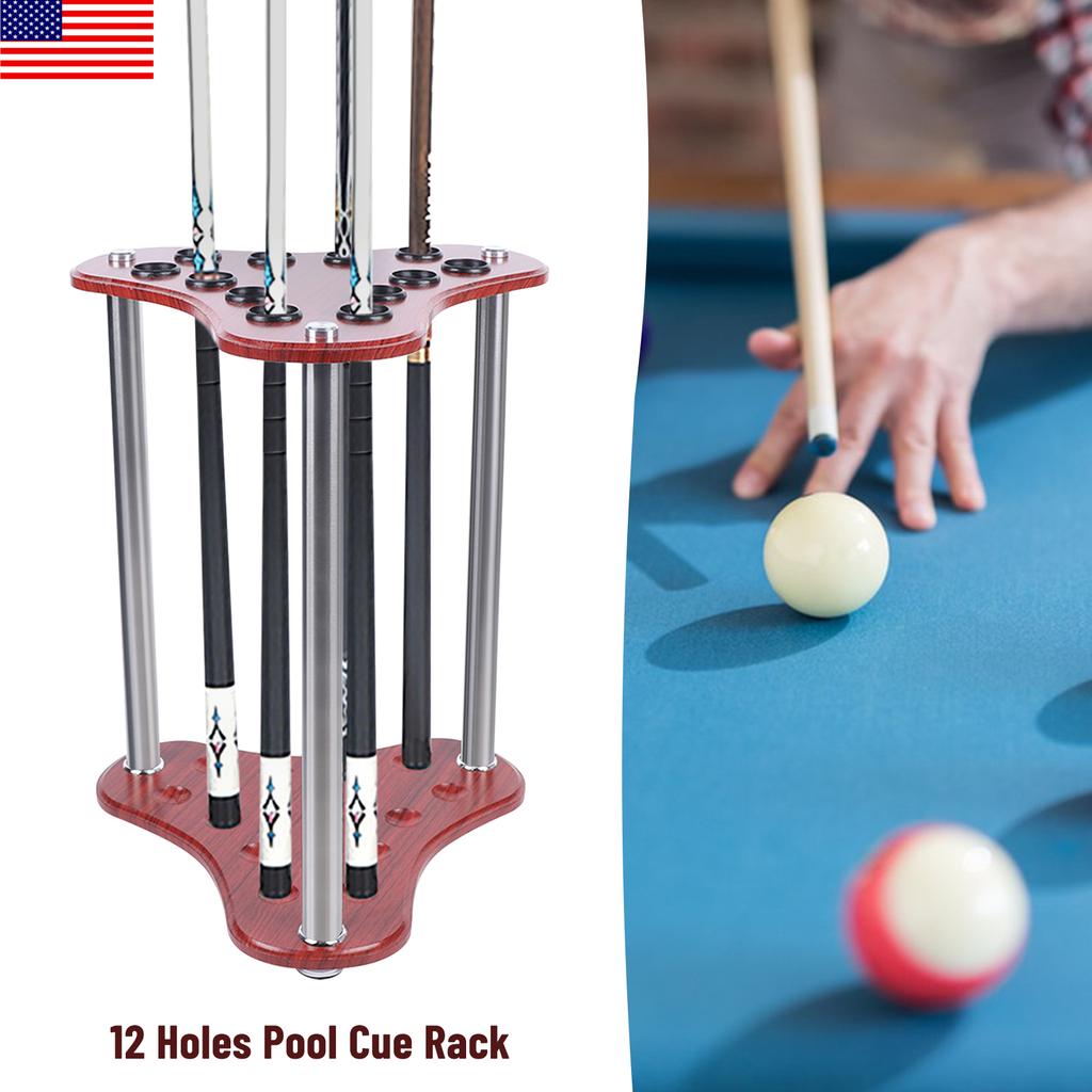 12-Hole Triangle Pool Cue Holder, Floorstanding Corner Stand, Red Modern Design Billiard Cue Rack with 1.37in Diameter Holes