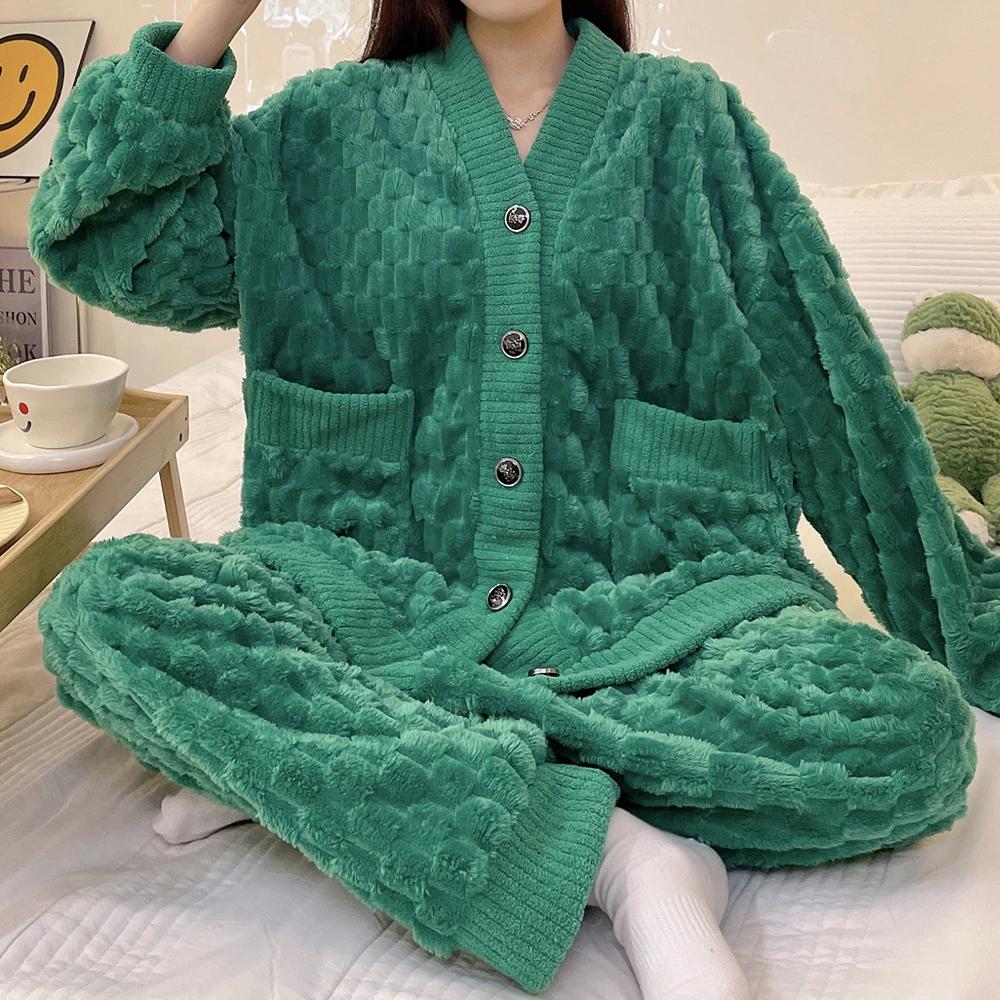 Plus Size Pajama Set Warm Flannel Lounge Clothes Women's Winter Pajamas Velvet Pajamas Sweatshirt Lounge Clothes Pajamas