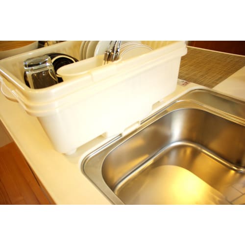 Sanko Plastics Made in Japan Dish Drainer with Dish Stand, Ryu F-1, with Food and Chopstick Holders, Pearl White