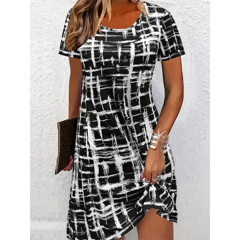 Women'S Abstract Geometric Print Dres Casual Vacation Style Breathable Polyester and Spandex Dress with Color Block Detail