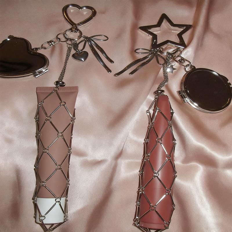 Metal Net Pocket Lipstick Bag Keyring Portable Lip Balm Keyring Holder Lipsticks Protective Cover Mirror Keyring Bag Charm Decor