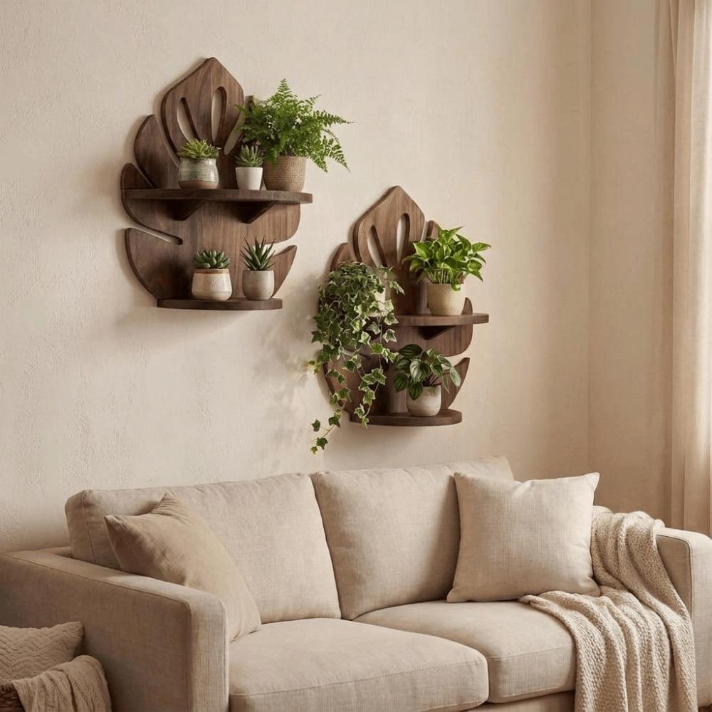 Decorative Wooden Monstera Shelf Rustic Photo Frame Storage Rack Wood Display Shelf Office