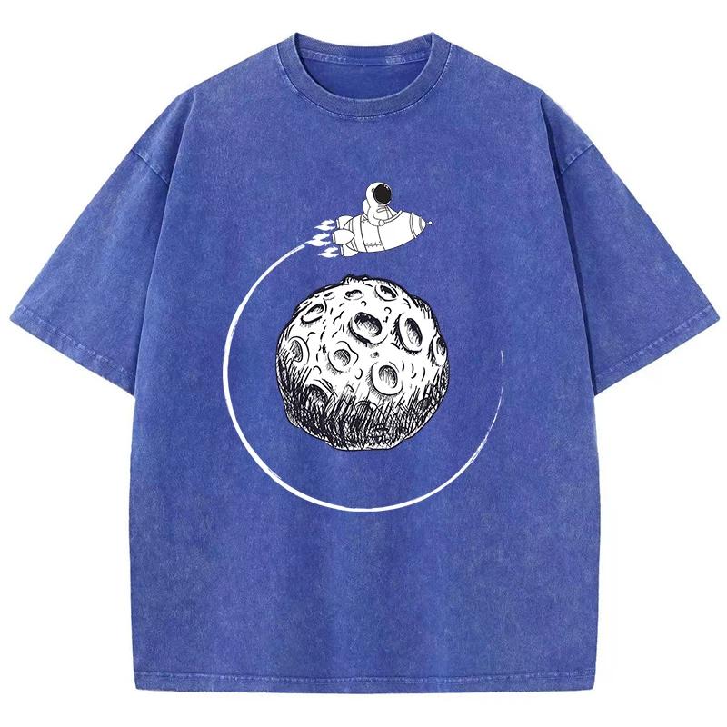 Spaceship Astronaut Printing Female Washed Short T Shirts Hip Hop Breathable T-Shirt Street Summer Clothes Fashion Distress Tops