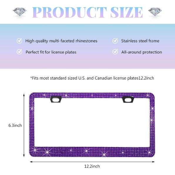 Bling License Plate Frame, Sparkly Rhinestone Car Tag Cover with Glittery Screw Caps, Stainless Steel Handcrafted Crystal Licence Plate Holder for