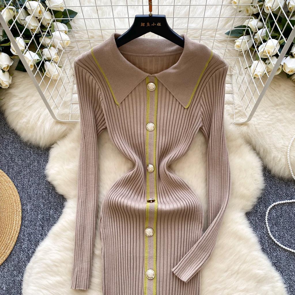 Autumn Winter Women Knitted Dresses 2024 Vintage Patchwork Striped Long Sleeve Bodycon Sexy Chic Long Dress