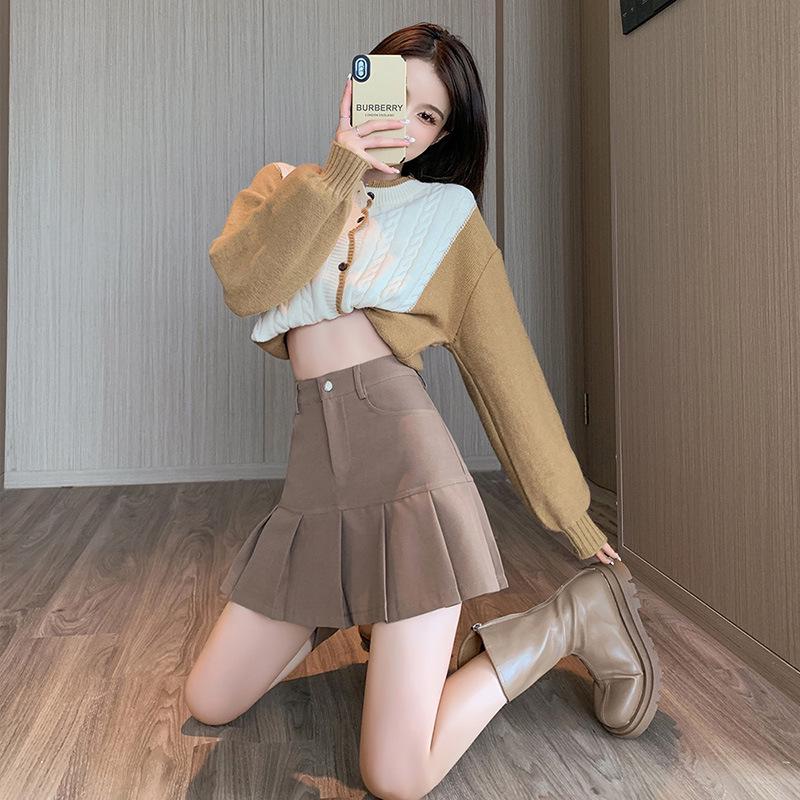 «Женская серая плиссированная юбка А-силуэта 2025 года — высокая талия, облегающий стиль в стиле колледжа на весну и осень»