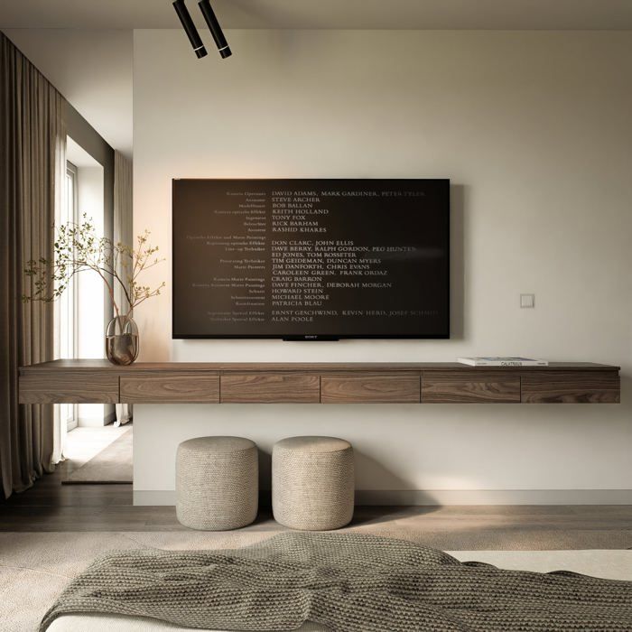 Meuble TV 6 portes – BEMMI SLIM – aspect bois noyer Wisconsin – 300 cm