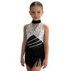 Kids Girls Cha-cha Salsa Latin Dance Costume Shiny Sequins Halter Sleeveless Mesh Waist Keyhole Metallic Back Tassels Leotard Dancewear