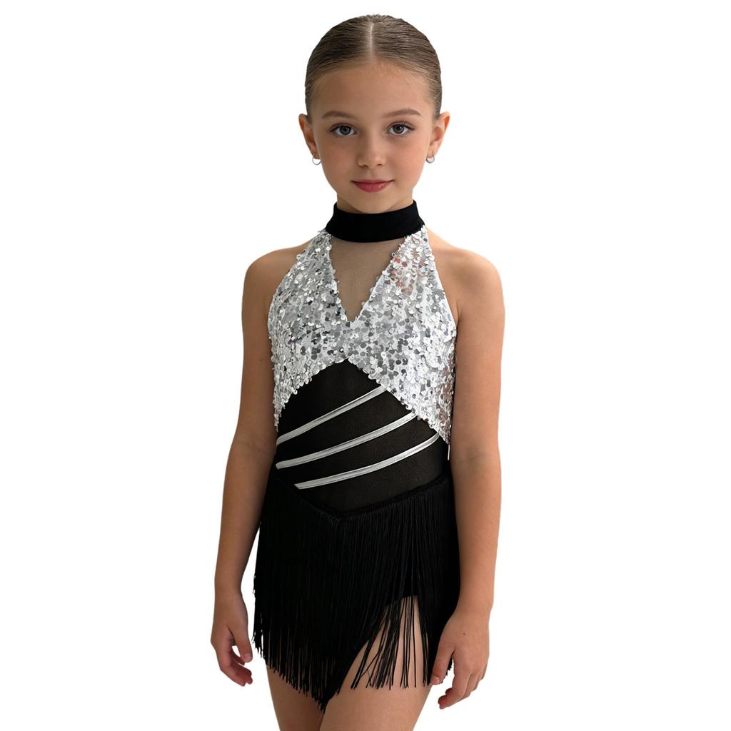 Kids Girls Cha-cha Salsa Latin Dance Costume Shiny Sequins Halter Sleeveless Mesh Waist Keyhole Metallic Back Tassels Leotard Dancewear