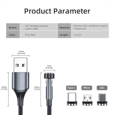 Магнитный кабель 540 градусов, быстрая зарядка 3A, USB-кабель для передачи данных, совместим с iPhone, Xiaomi
